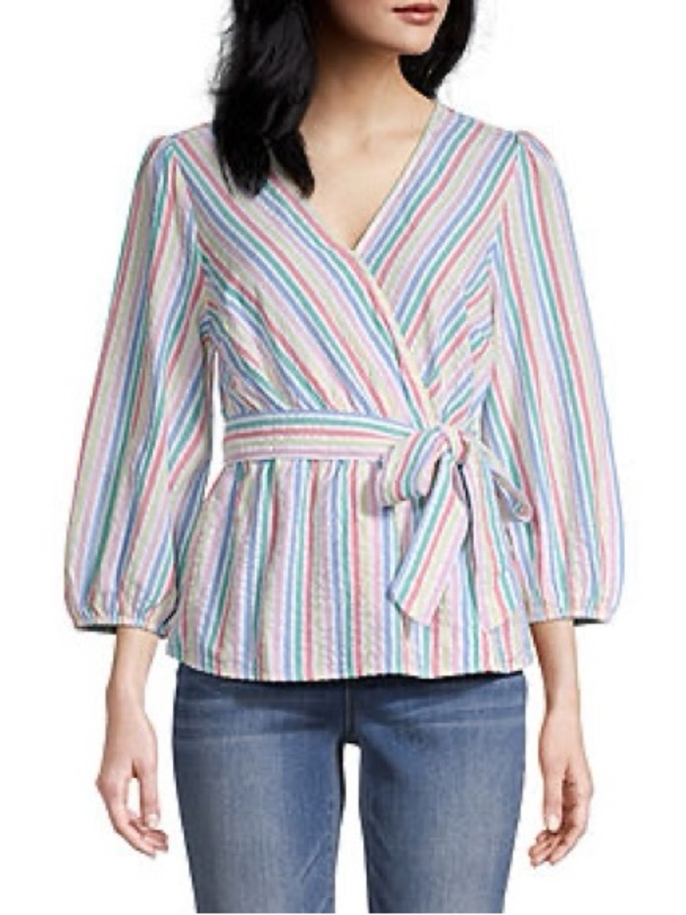 St John’s Bay Rainbow Stripe Top XXL Seersucker Wrap Peplum 3/4 Sleeves NWT